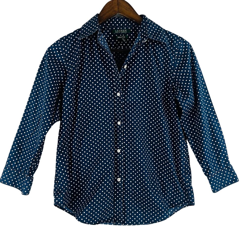 Lauren Ralph Lauren WMNS Non-Iron 100% Cotton Button Up Polka Dot Blouse SZ XS
